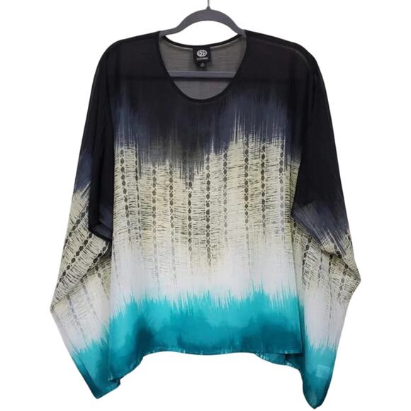 Bobeau Tie Dye Cover Up Tunic Top Women Size M Black Beige Turquoise Boho Sheer - Picture 1 of 6